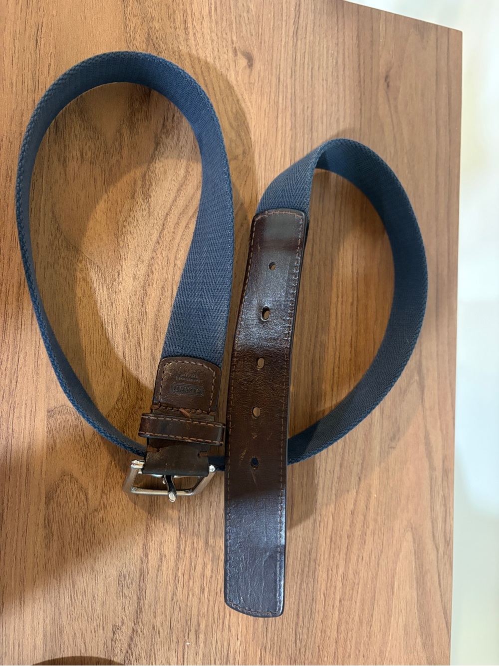 Coach Leather Linen Belt 38 Navy Canvas Brown Trim Casual Classic Preppy Coastal